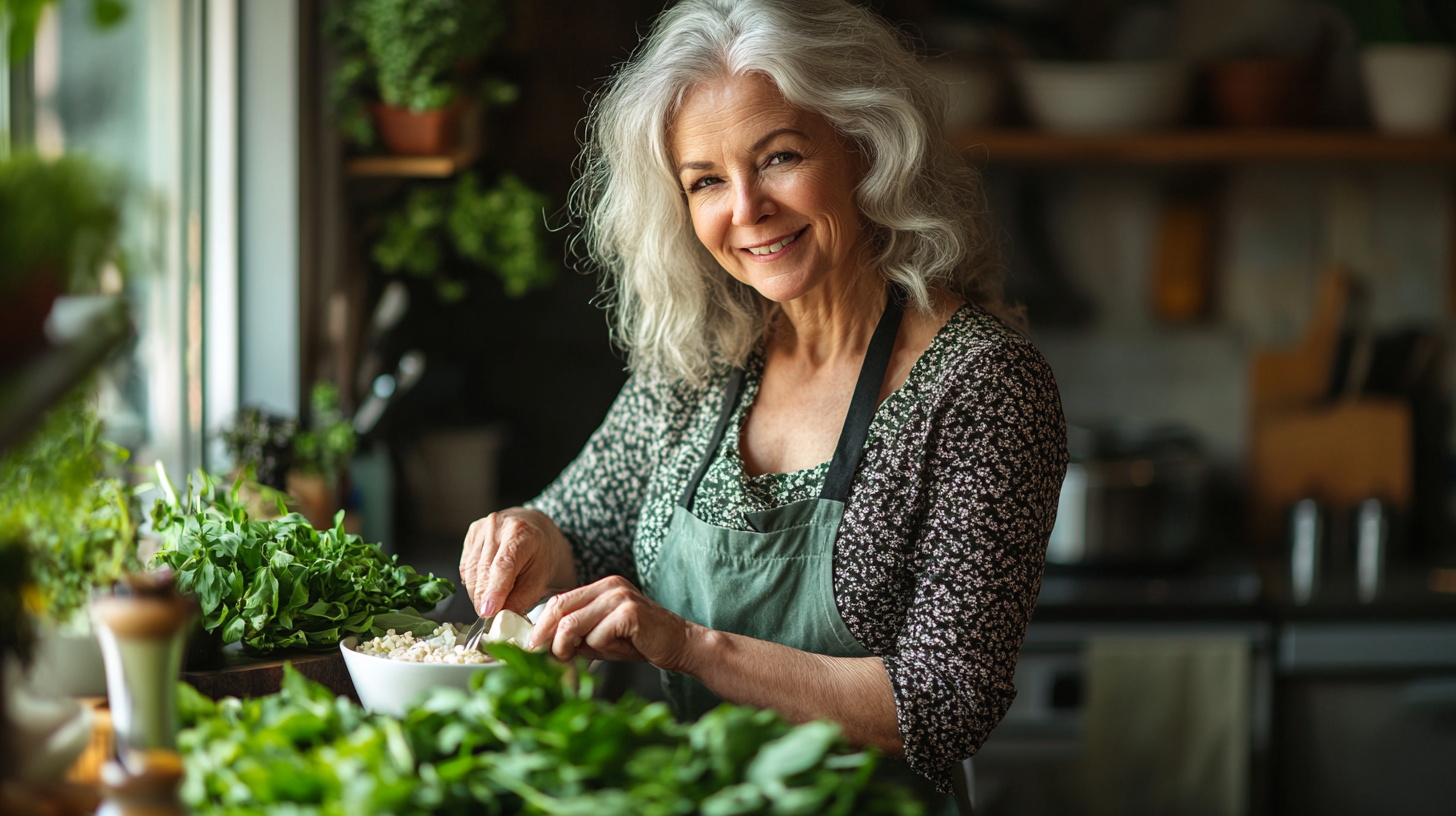 Старша жінка готує здорову їжу на кухні