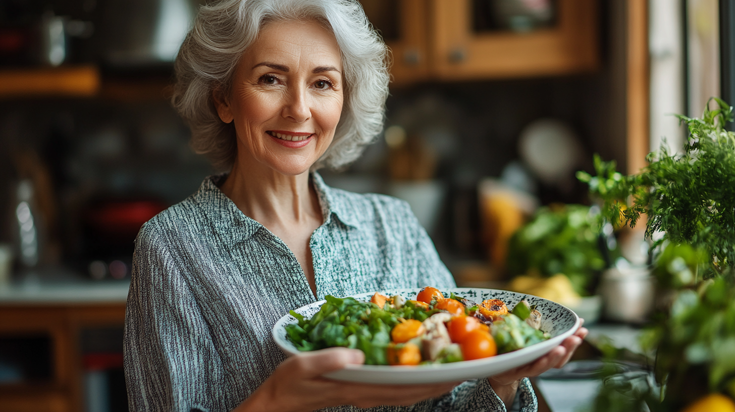 Група старших людей за столом з здоровою їжею, посміхаються